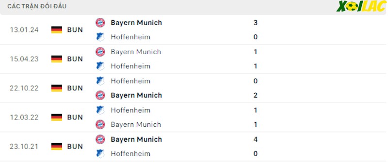 Thành tích đối đầu Hoffenheim vs Bayern Munich