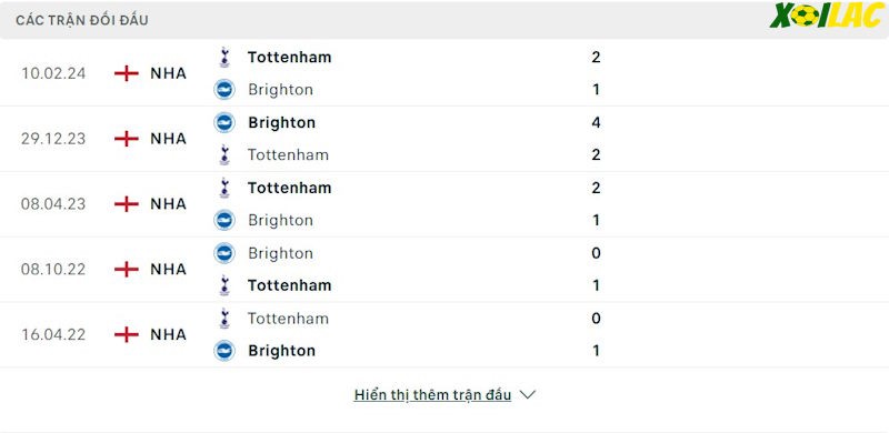 Thành tích đối đầu Brighton vs Tottenham 